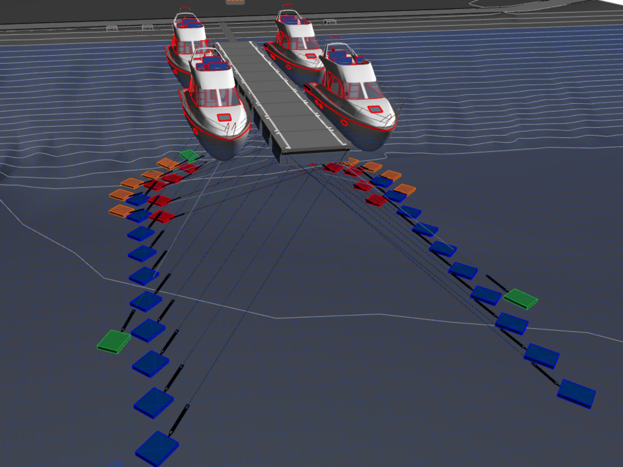 Elastic mooring systems are used to secure floating structures such as jetties or breakwaters, replacing the traditional system based on chains and catenaries